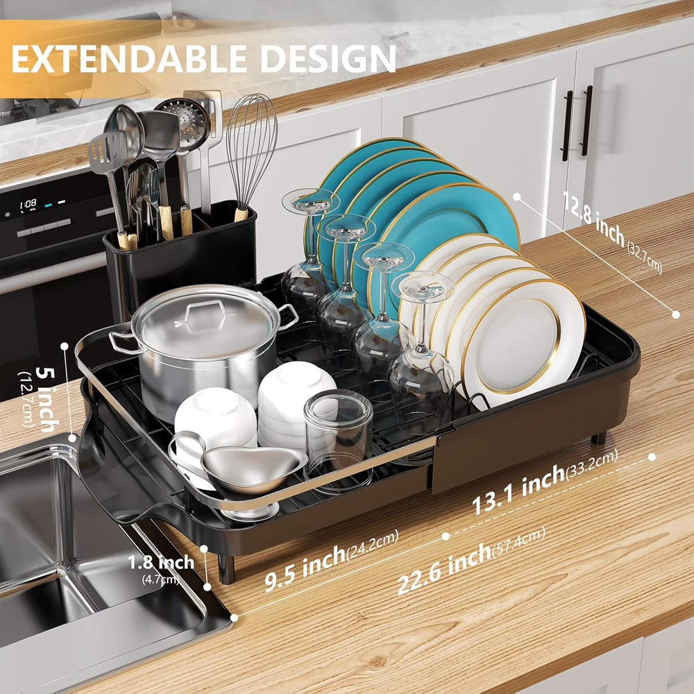 Expandable Dish Drying Rack，Dish Rack for Kitchen Counter-Dish Drainer with Effi
