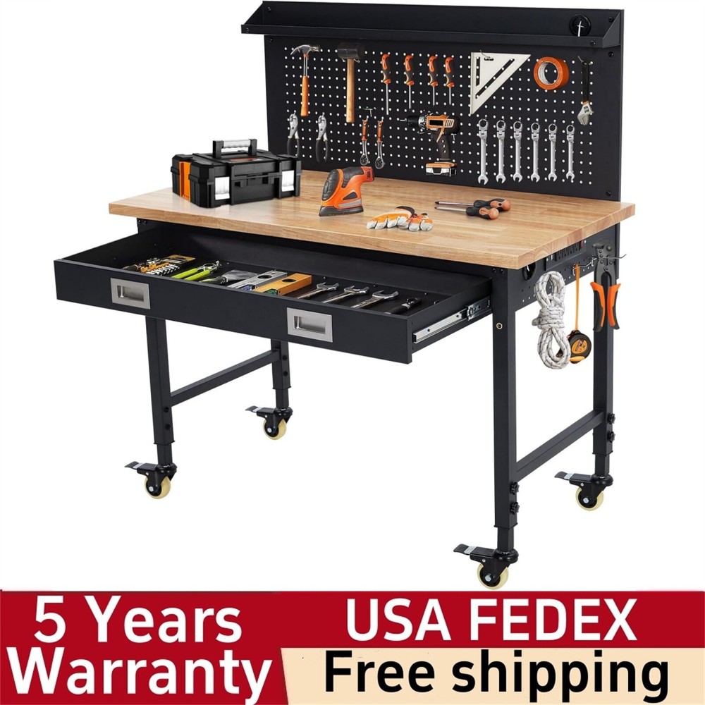 48" Workbench Adjustable Height Workstation with Drawer Storage Backplate 2000LB