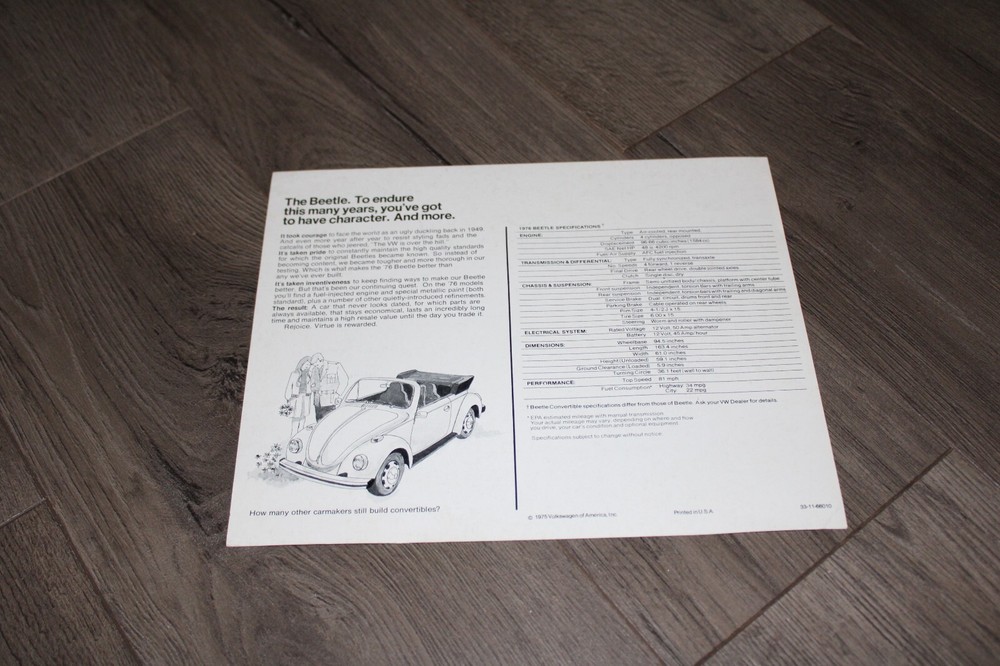 1976 VW Beetle single sheet sales brochure
