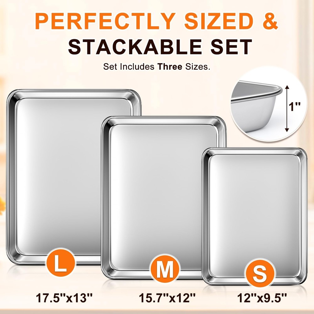 Nonstick Baking Pans, 3 Sizes, Rust Resistant, Easy To Clean, Silver