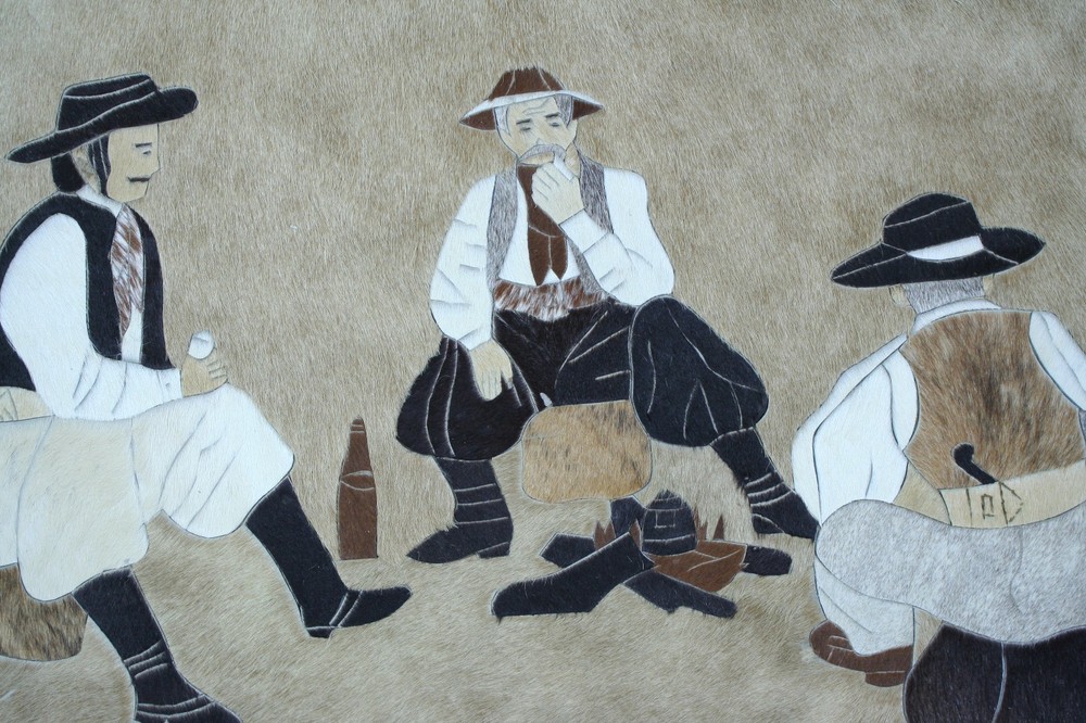Three Men Around A Campfire Original Vintage Fur Hide Patchwork Artwork Folk Art