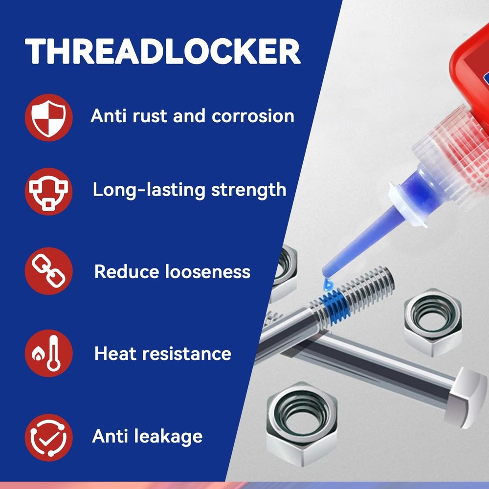 Thread Lock Blue and Red, Threadlocker Medium High Strength, blue