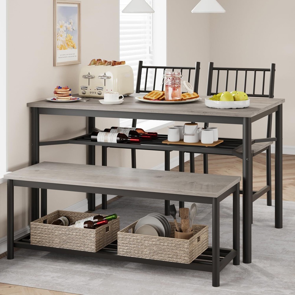 4 Piece Dining Table Set Kitchen Table Set with Bench and Chairs & Storage Rack