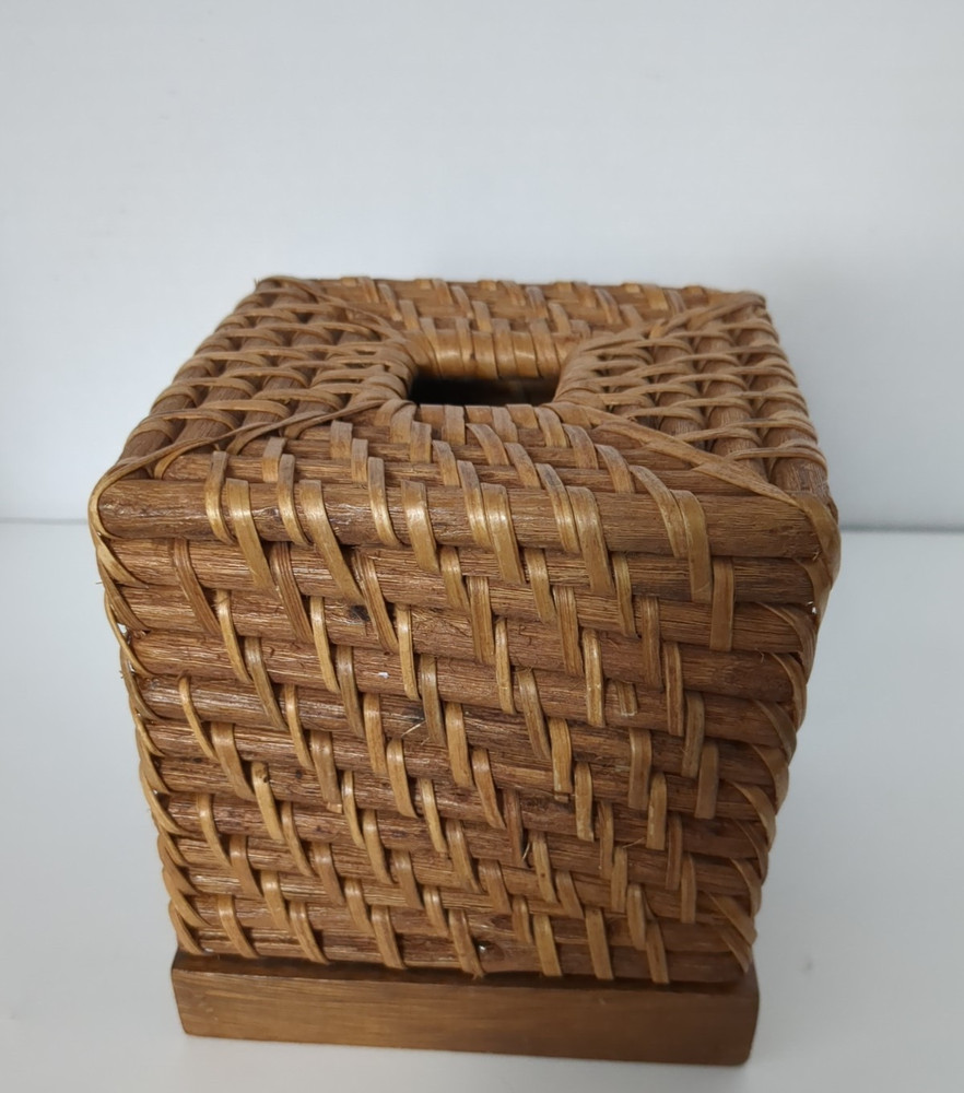 Vintage Woven Wicker Rattan Cube Tissue Box Cover Light Brown Open Bottom Boho