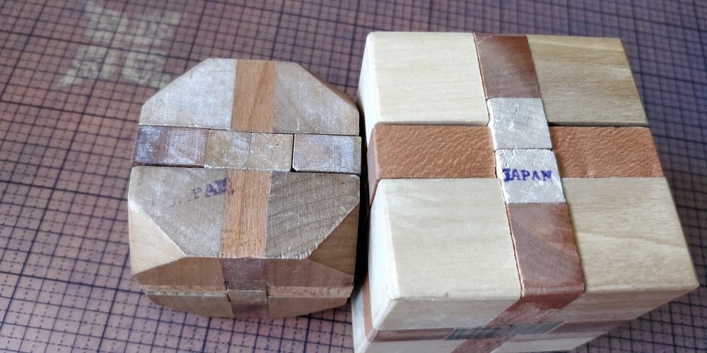 3 Wooden Puzzle Brain Teasers - Cube, Sphere, Rounded cube