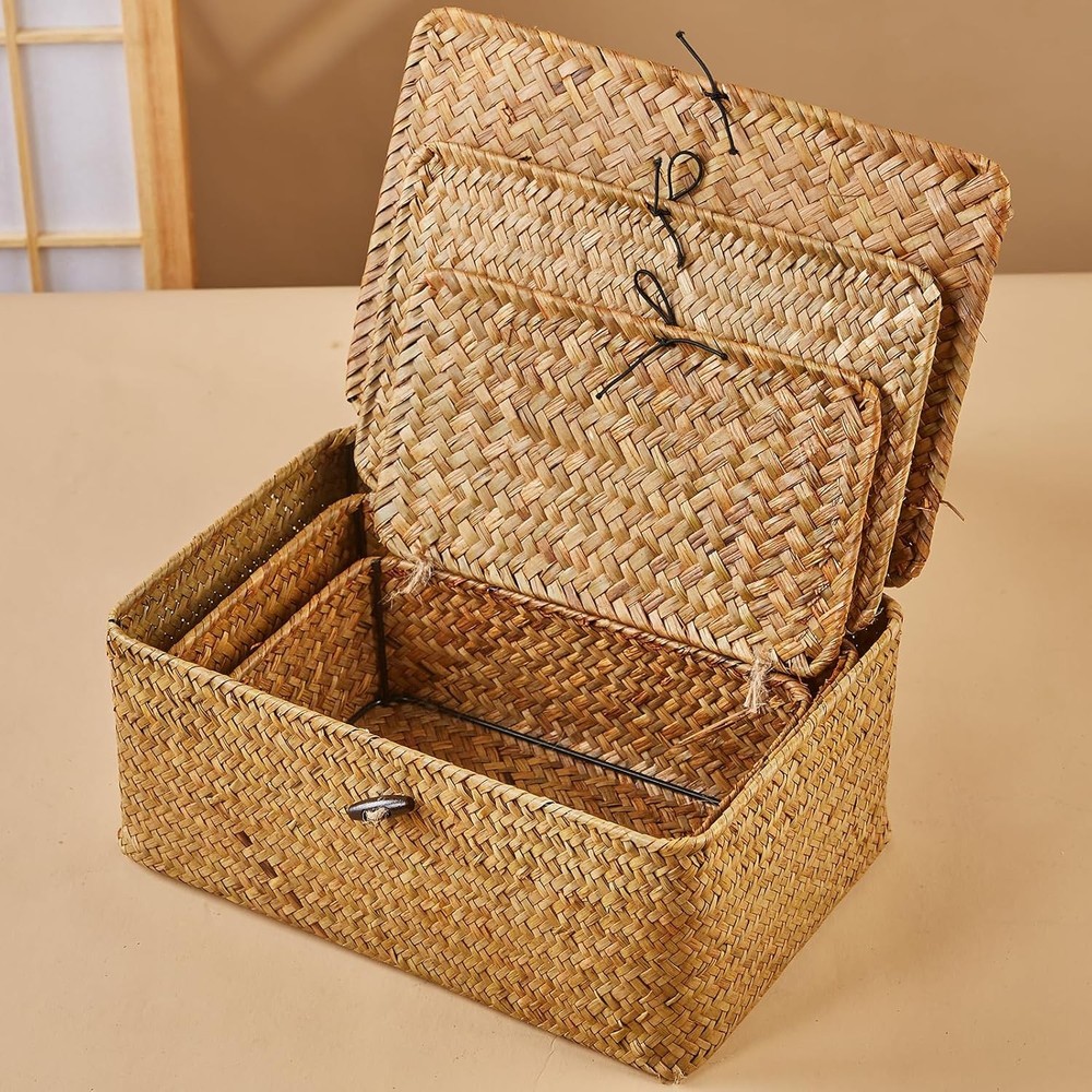 3pcs Handcrafted Storage Boxes Natural Seagrass Rectangular Basket Organizer Set