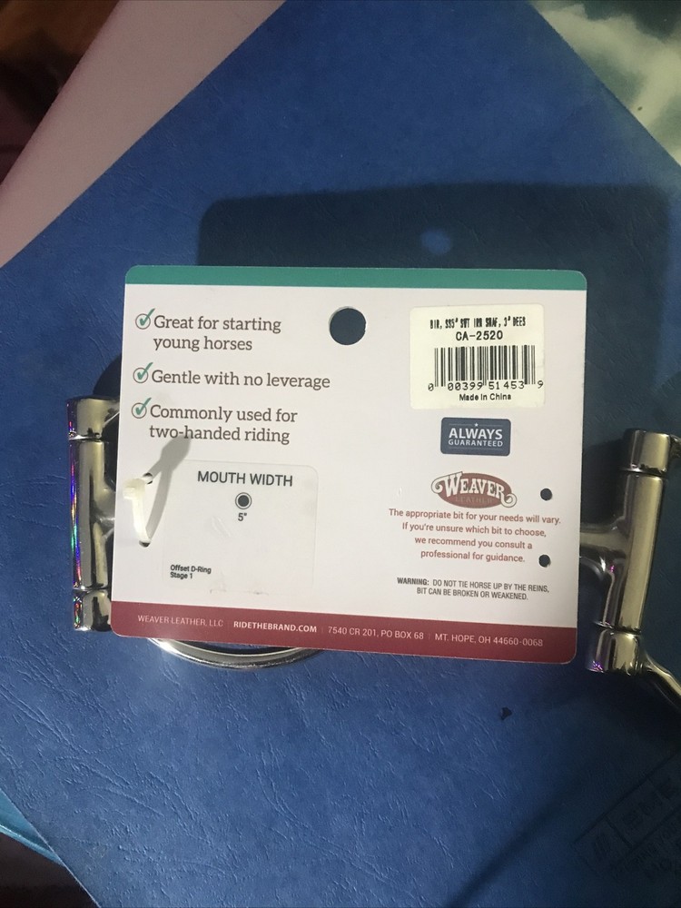 Weaver Offset D-Ring Bit. Beginner bit with No Leverage. Mouth With 5”