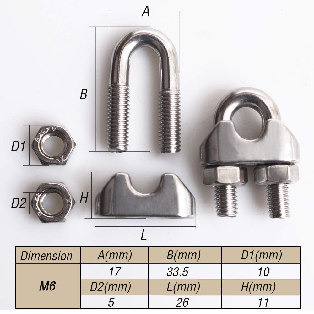 M6 Wire Rope Cable Clip Clamp 16 Pack Stainless