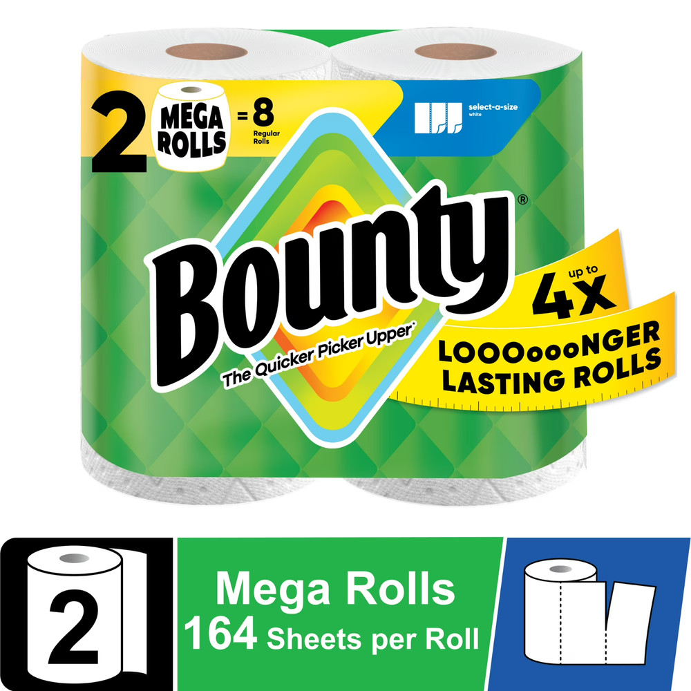 Bounty Select-A-Size Paper Towels, White, 2 Mega Rolls = 8 Regular Rolls