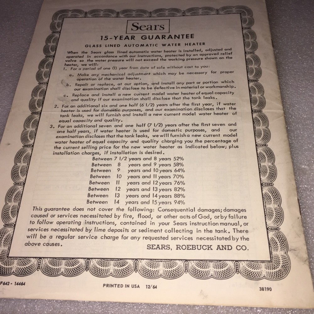 VINTAGE 1964 SEARS 600 GAS WATER HEATER INSTRUCTIONS & PARTS MANUAL #150.36231