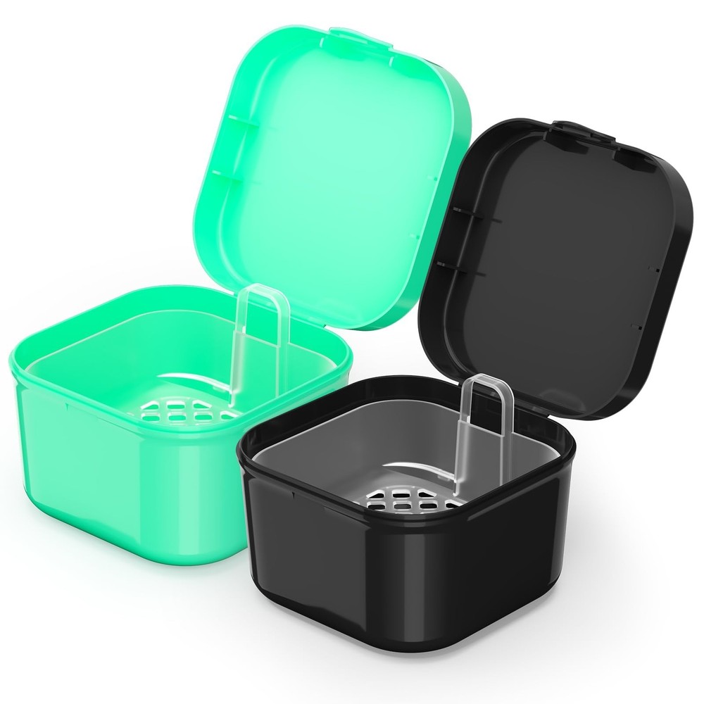 2 Pieces Denture Bath Box Case - Portable Soaking Cup with Strainer Basket - ...