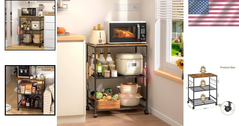 Versatile Rolling Kitchen Utility Cart with Hooks - 3-Tier Storage Solution
