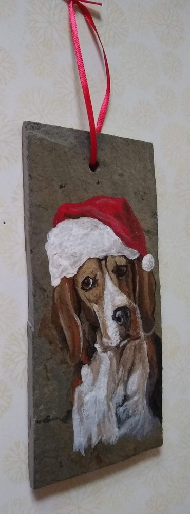 hand painted ornament - beagle with red hat