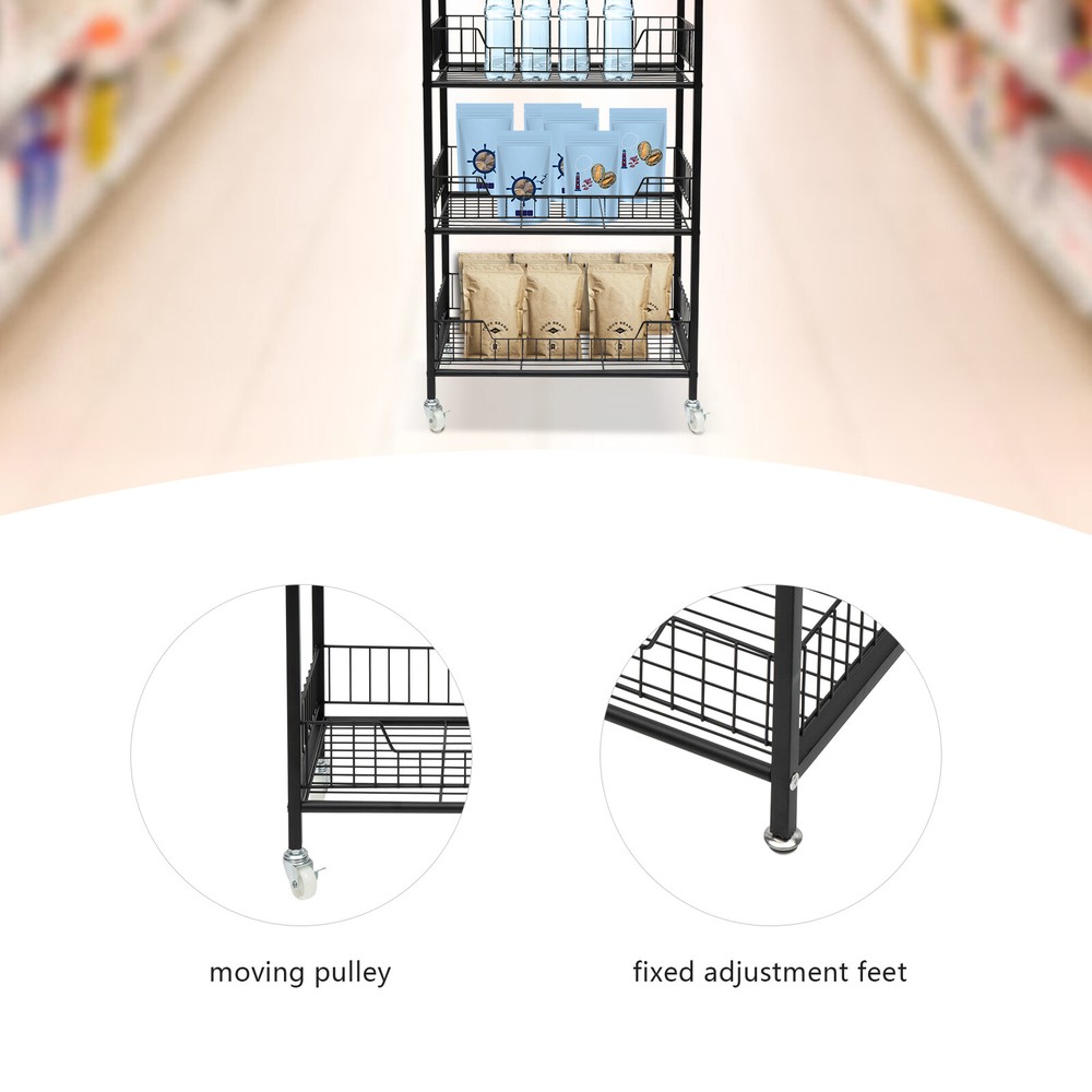 4 Tiers Baskets Adjustable Rolling Display Snack Rack Freestanding Stand Holder