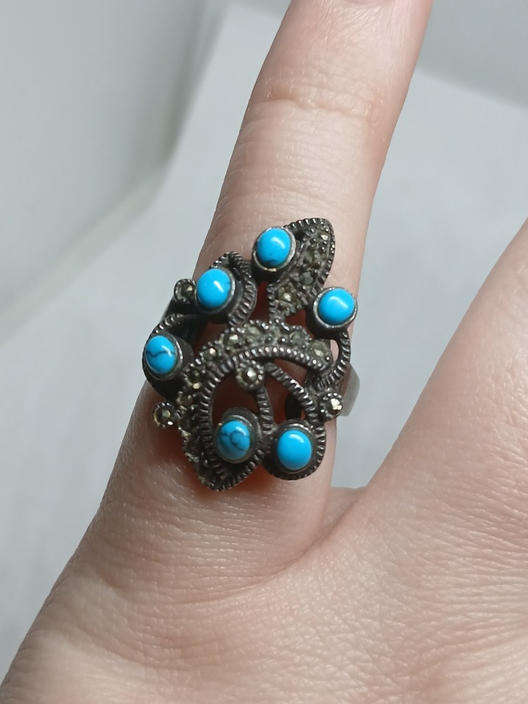 Sterling Silver Turquoise Cluster Ring Size 6.25