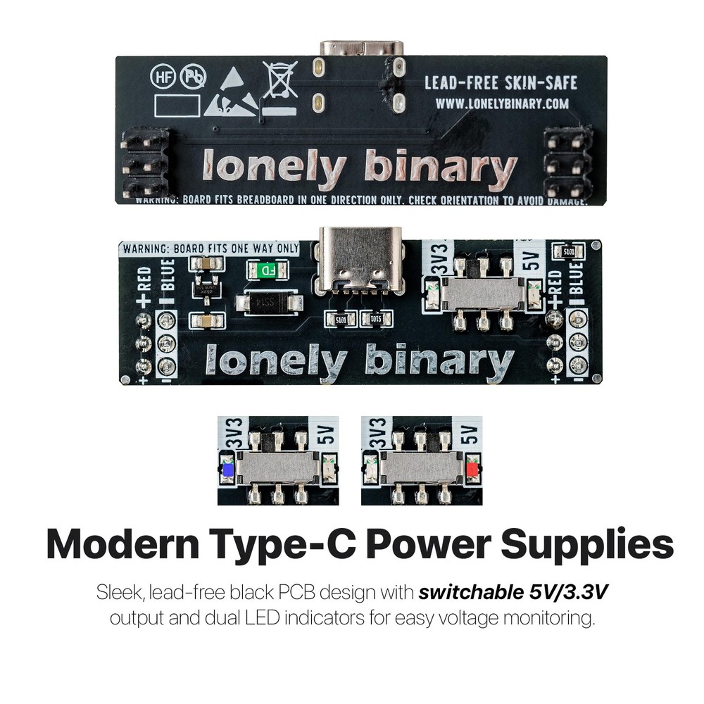 3-Pack Breadboard Power Supply Modules - 3.3V/5V Switchable USB-C, 500mA Prot...