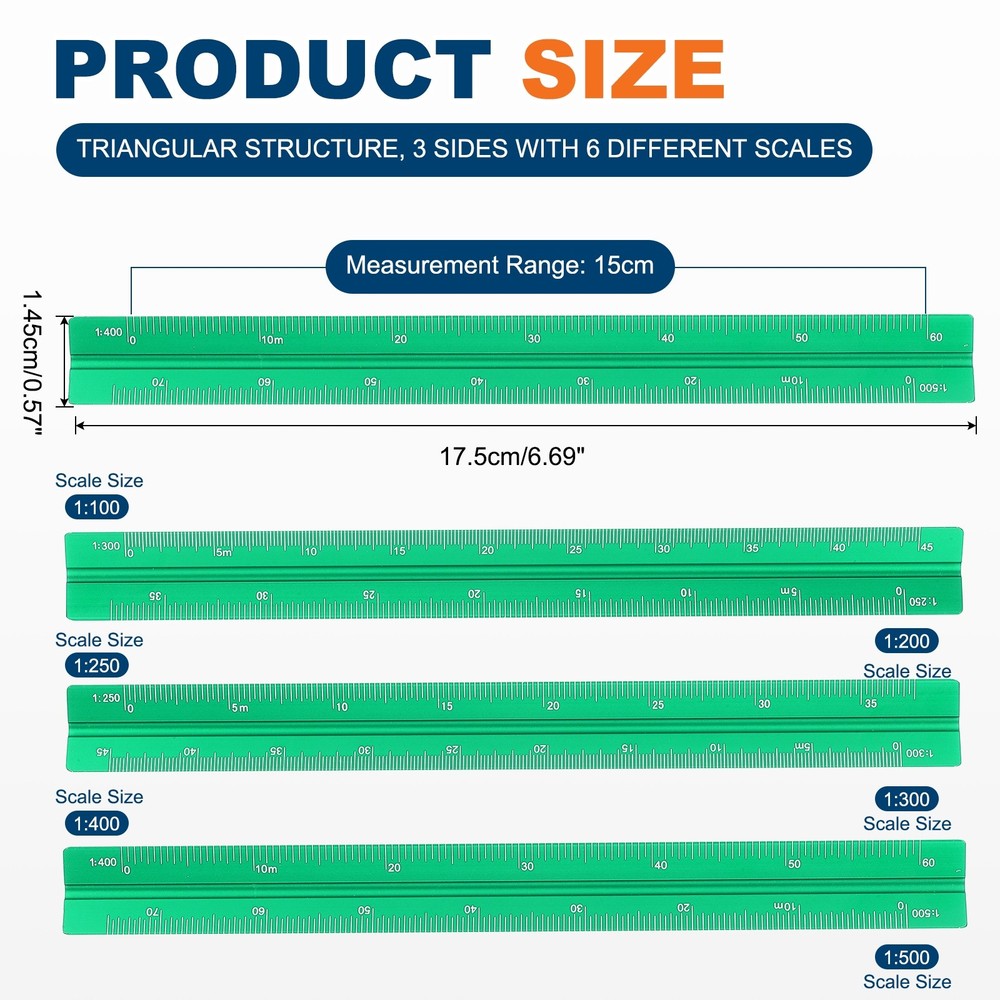 7 Inch Metric Architectural Triangular Scale Ruler Large Scale, Green