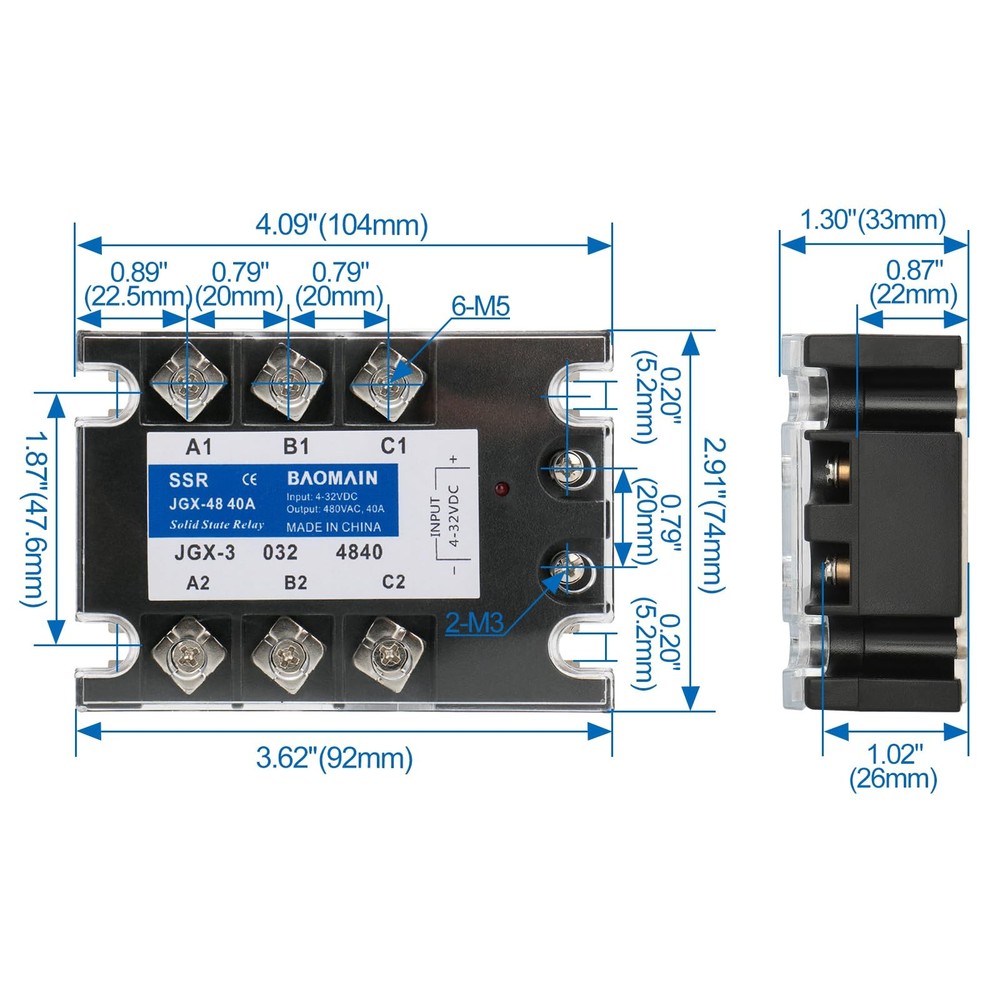 3 Phase Solid State Relay JGX-3340A 4-32 VDC Input 480VAC 40 Amp Output
