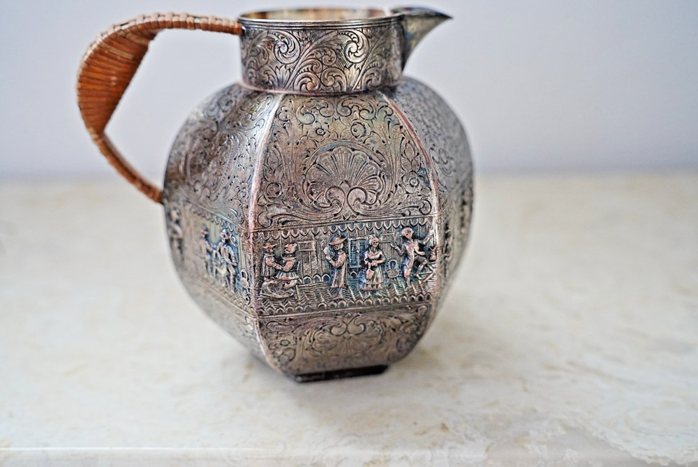 Antique EG Webster Silver Repoussé Pitcher Ornate with Rattan Handle