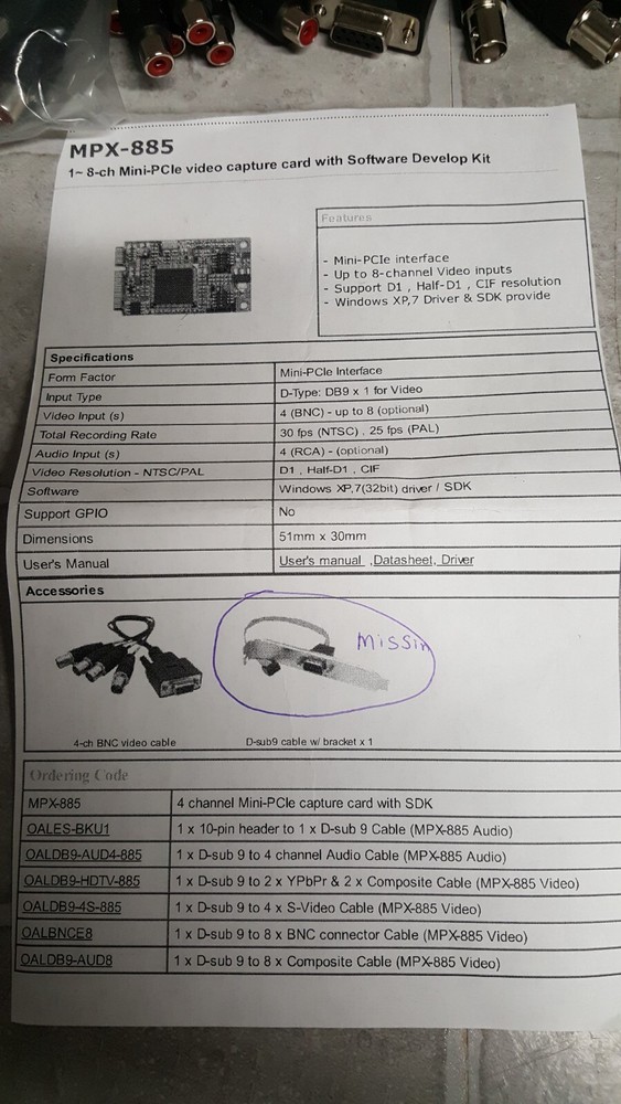 OPEN BOX COMMELL MPX-885 Mini-PCIe MISSING D-sub9 Cable