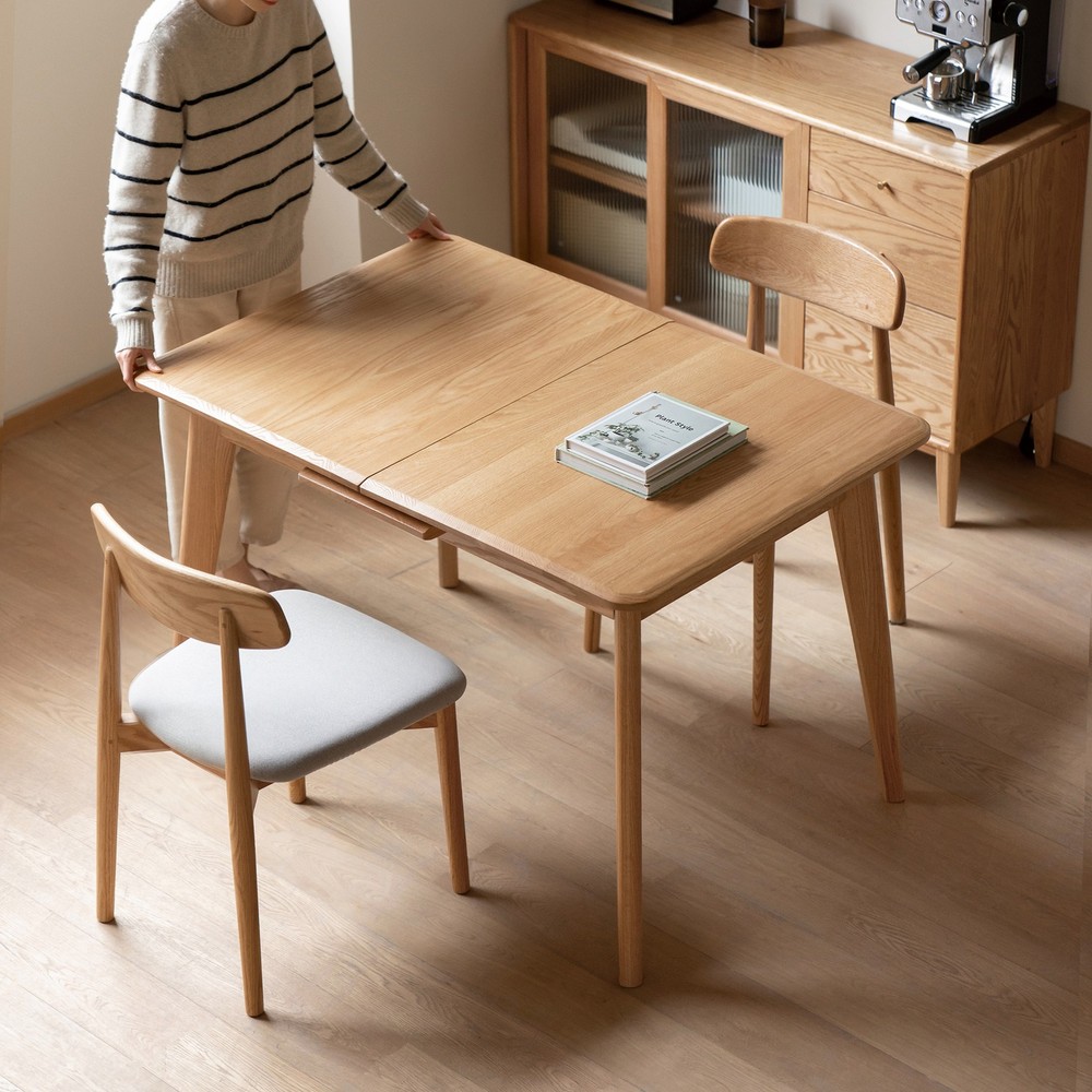 Natural Solid Oak Round Corner Diagonal Leg Telescopic Table Extending Dining
