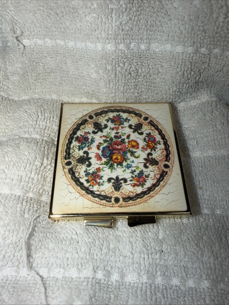 Vintage Handheld Compact Mosaic Floral Top Hinged Double Mirror