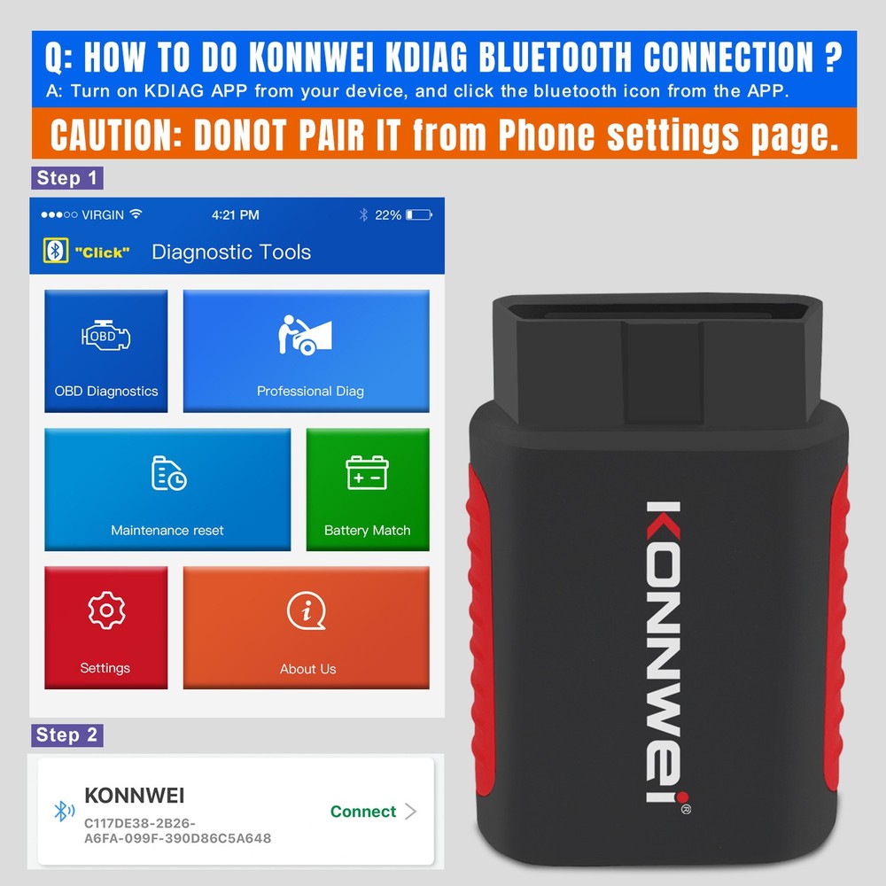 KONNWEI KDIAG Wireless Car OBD2 Reader Code Scanner ABS SRS Diagnostic Tool