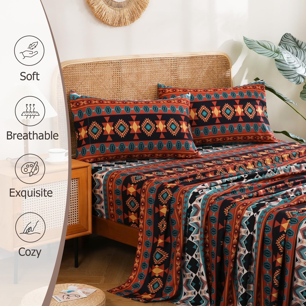 4 Pieces Queen Sheet Set Bohemian, Boho Sheets Soft Microfiber Deep Pocket, W...