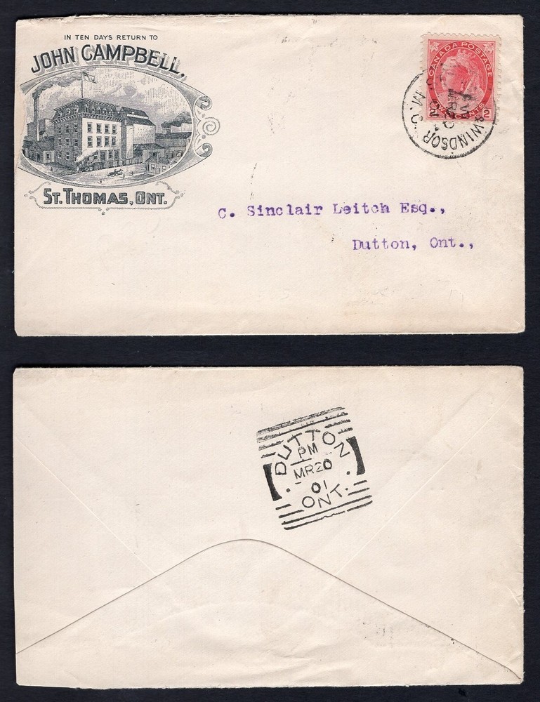 CANADA St Thomas 1901 Advertising Cover to Dutton; Squared Circle Receiver