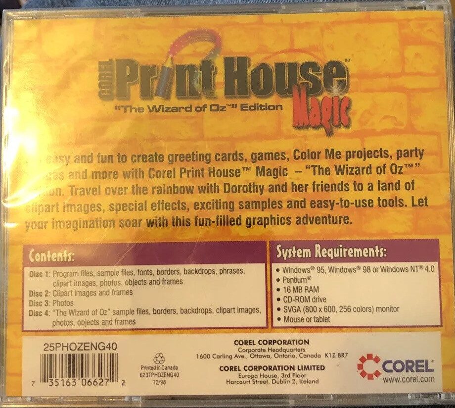 Corel Print House Magic Wizard of Oz Edition Computer Graphics
