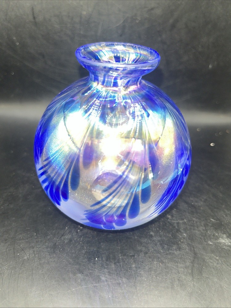 Iridescent Perfume Bottle With Stopper Pulled Feather Blue 6”