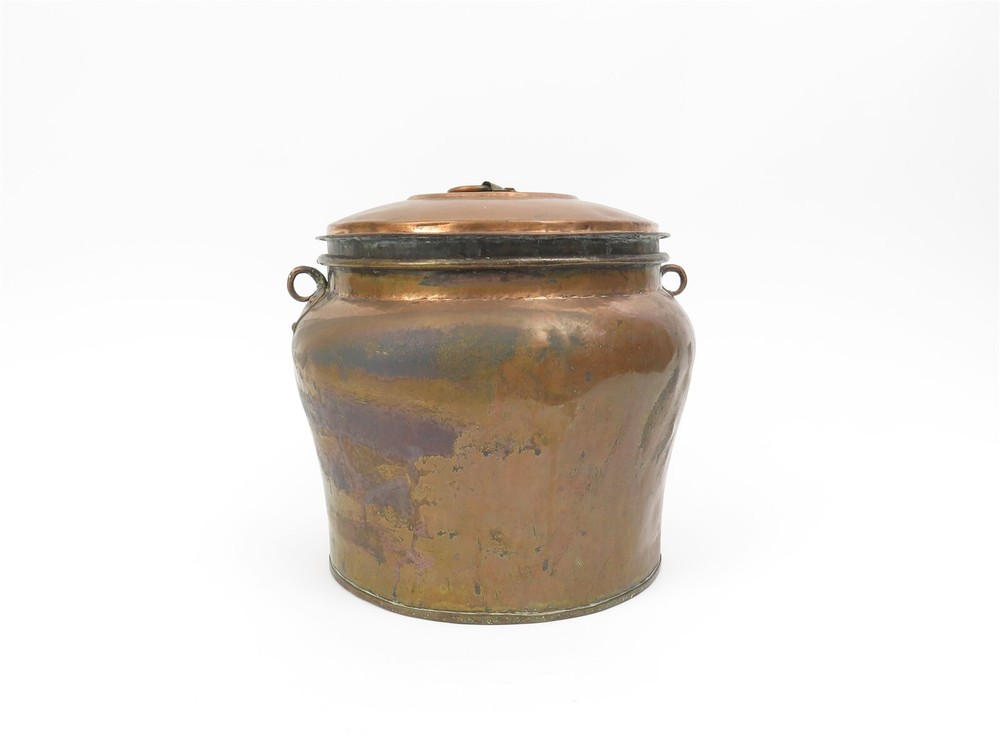 Antique Large Rustic Copper Lidded Cachepot Seed Pot Urn 12" x 11" tall