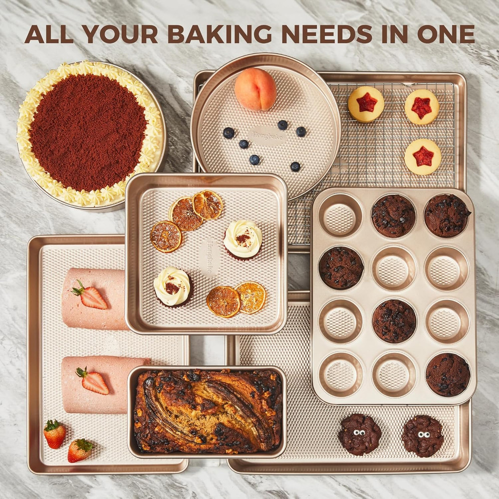 9 Piece Baking Pans Set Nonstick Stackable Non Toxic Bakeware Set Champagne Gold