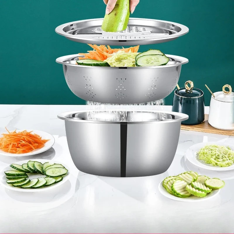 3 Pcs Kitchen Stainless Steel Multi-function Grater Slicer Washing Drain Basin