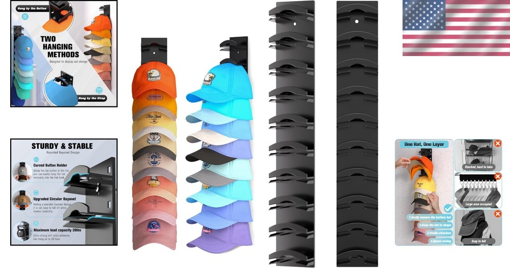 Versatile Baseball Cap Holder - 2-Pack Wall Rack with Strong Adhesive Support