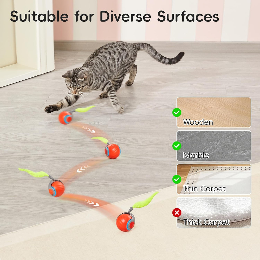 Orange Interactive Cat Toy Moving Rolling Ball Feather Tail Rechargeable Kitten