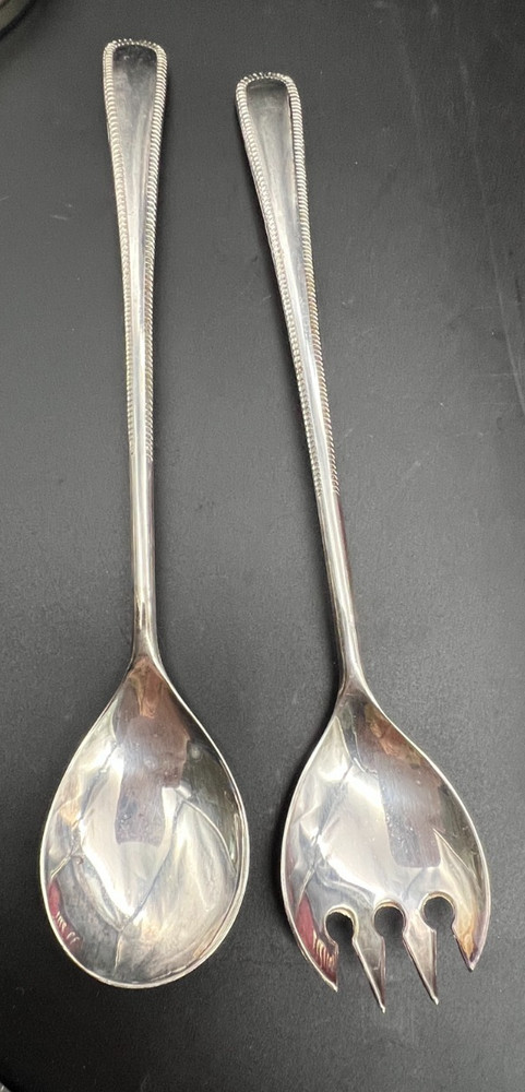 Vintage Beaded Border Pattern Silver Plated Salad Serving Set-Italy