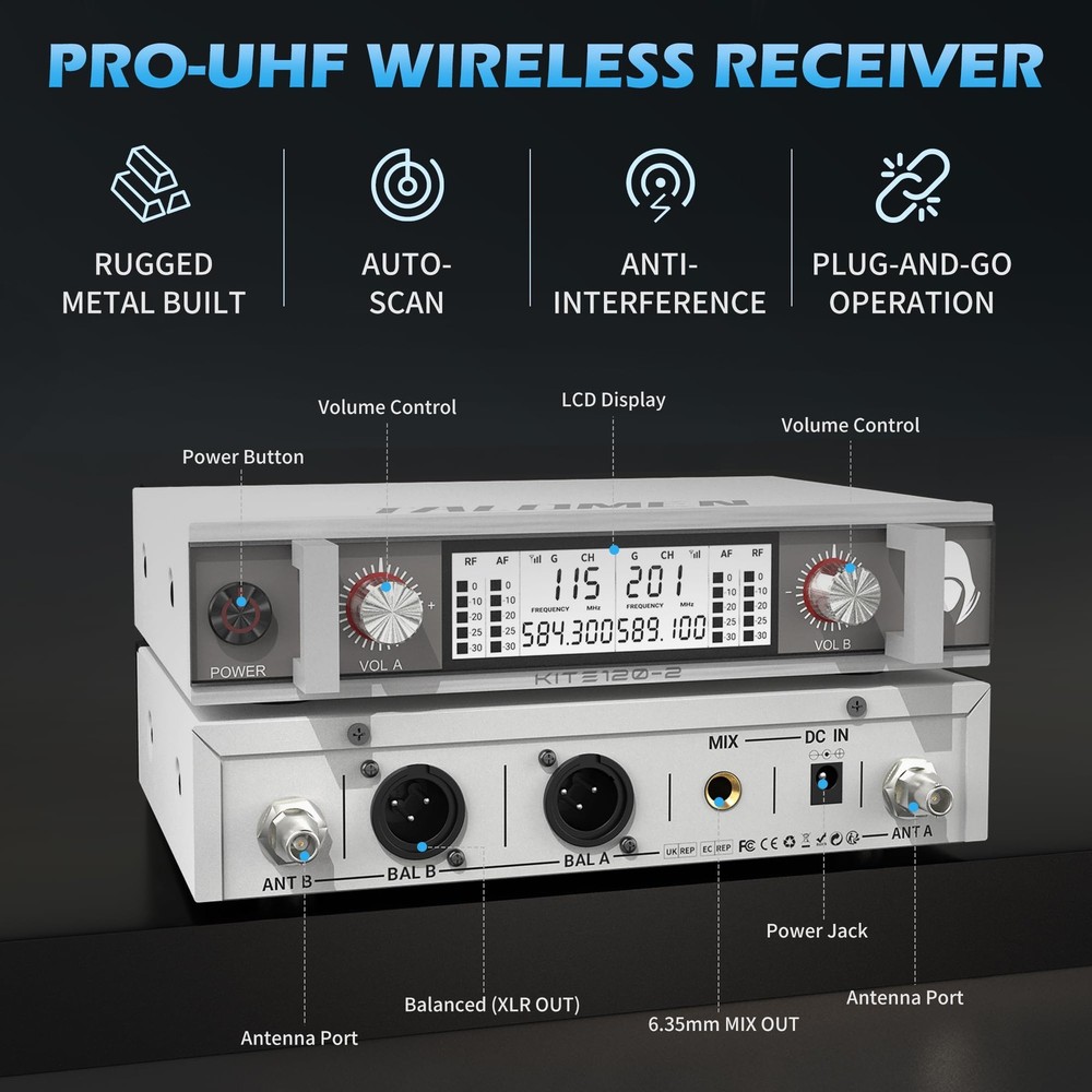 Wireless Microphone System, Metal UHF Handheld Microphones Cordless Dynamic M...