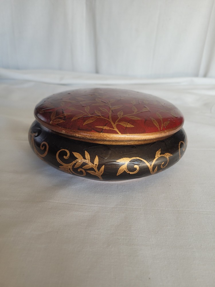 Nice black, red & gold vine & leaf large ceramic trinket jar, candy dish