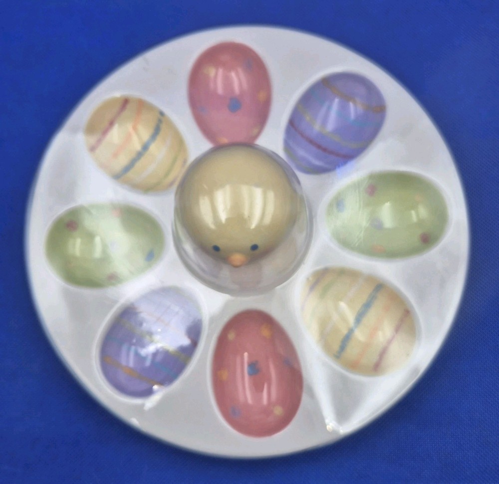 White Blossoms & Blooms Ceramic Easter Egg Serving Platter 8.75" NEW