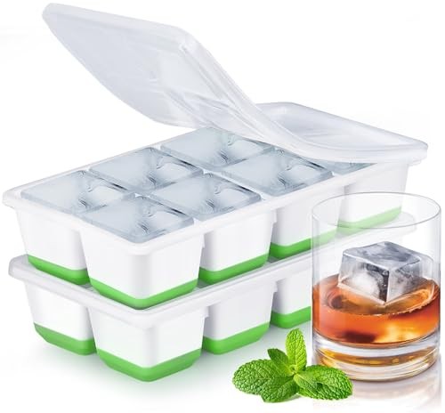 Large Ice Cube Trays with Lid, 2 Pack Stackable Silicone Ice Cube Molds Green