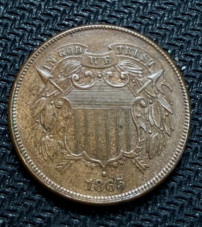 uncirculated 1865 US Two Cent  piece repunched date error superb strike