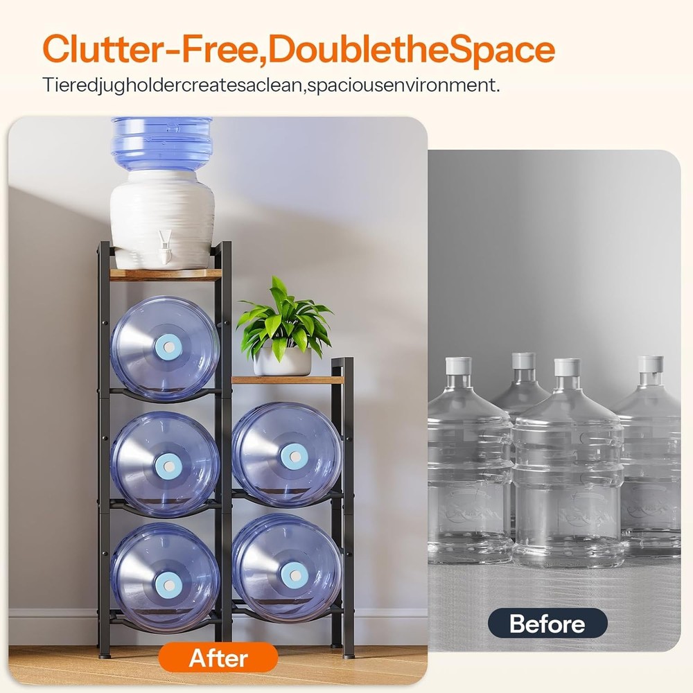 HOOBRO 5 Gallon Water Jug Holder 3 Tier Water Jug Rack with Wooden Top Shelves