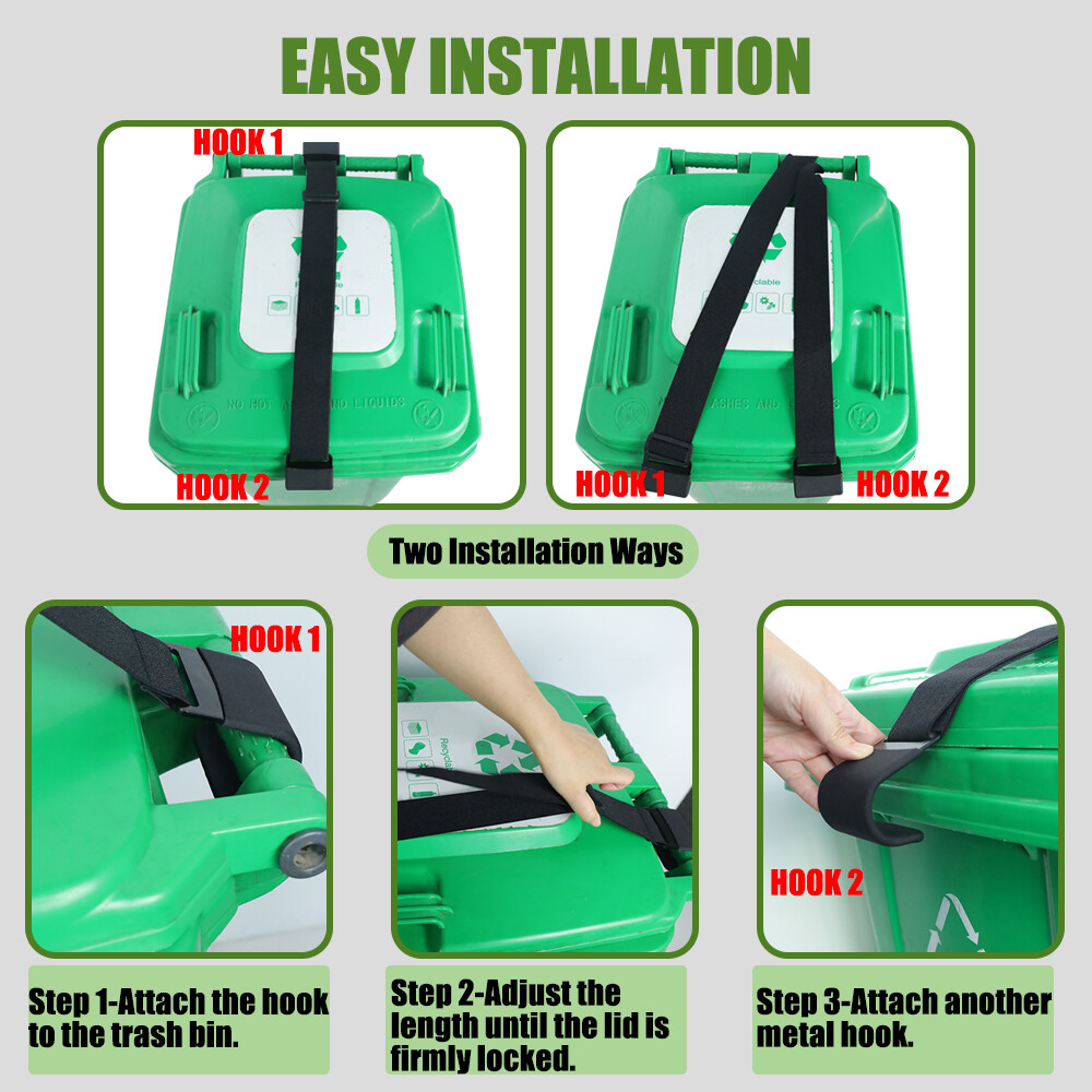 2PCS Trash Can Lid Locks Adjustable Garbage Bin Strap Animals Raccoon Bear Proof