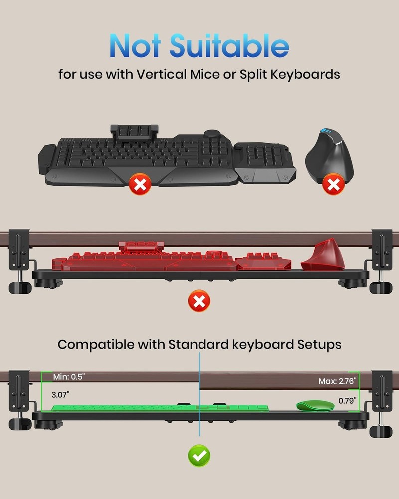 Small Keyboard Tray Under Desk, Pull Out Keyboard & Mouse Tray with Adjustabl...