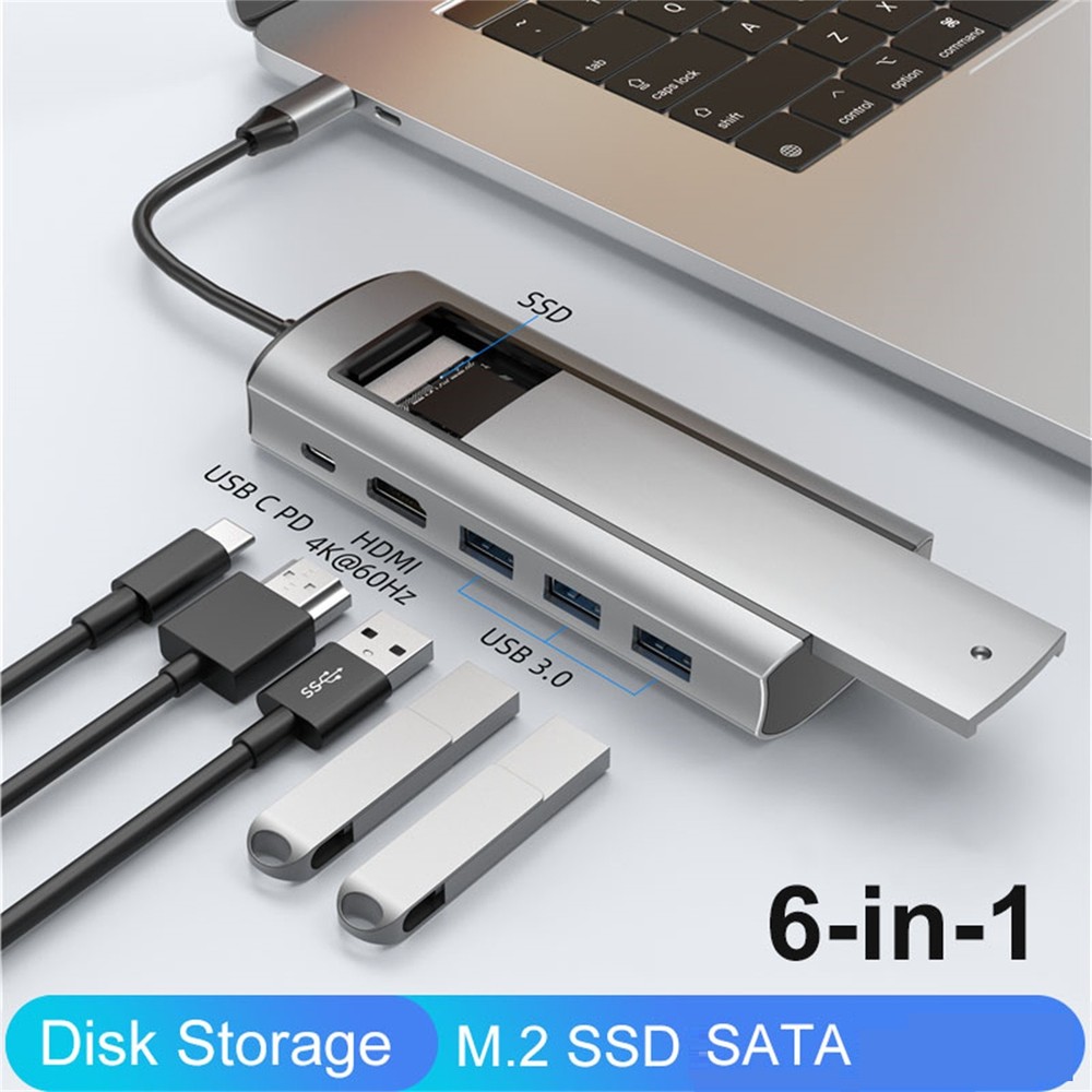 6 in 1 USB3.0 Hub With Disk Storage Function USB3.0 Type-c to HDMI Laptop Dock e