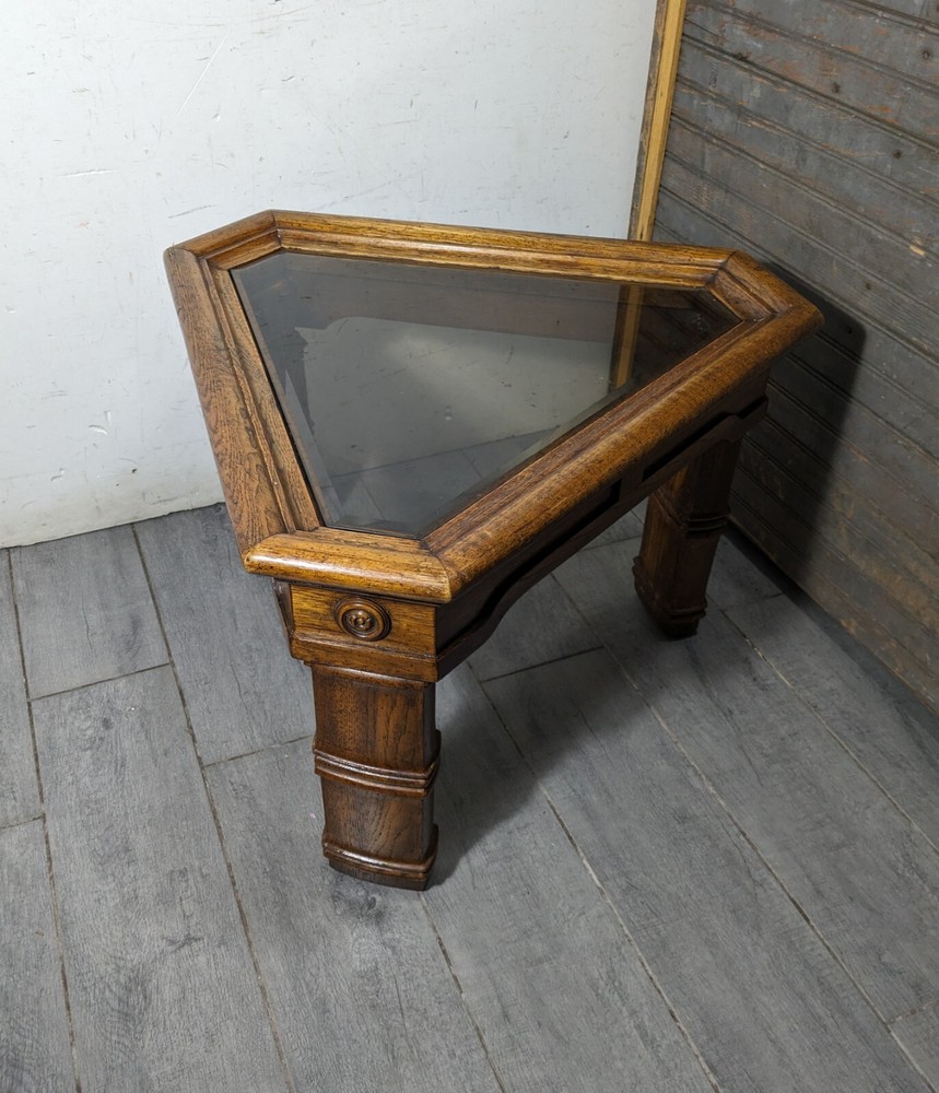 Vintage Rustic Carved Oak Wood Triangular Side Table Spanish Colonial Style