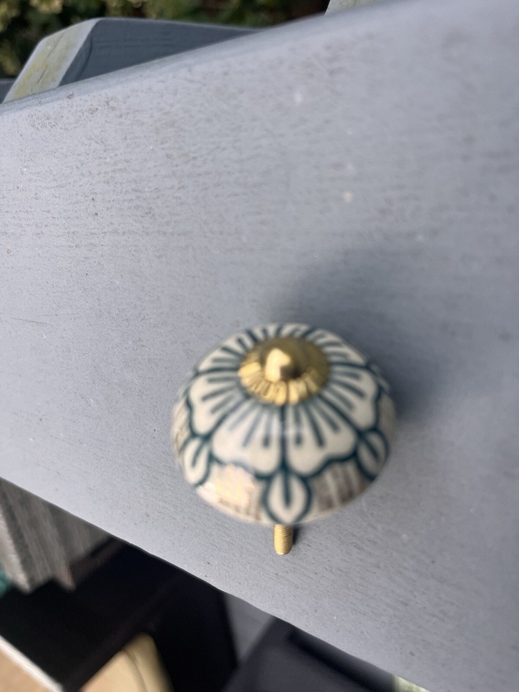 Ceramic Floral Drawer Pulls 3 Navy White Brass 2 Inches