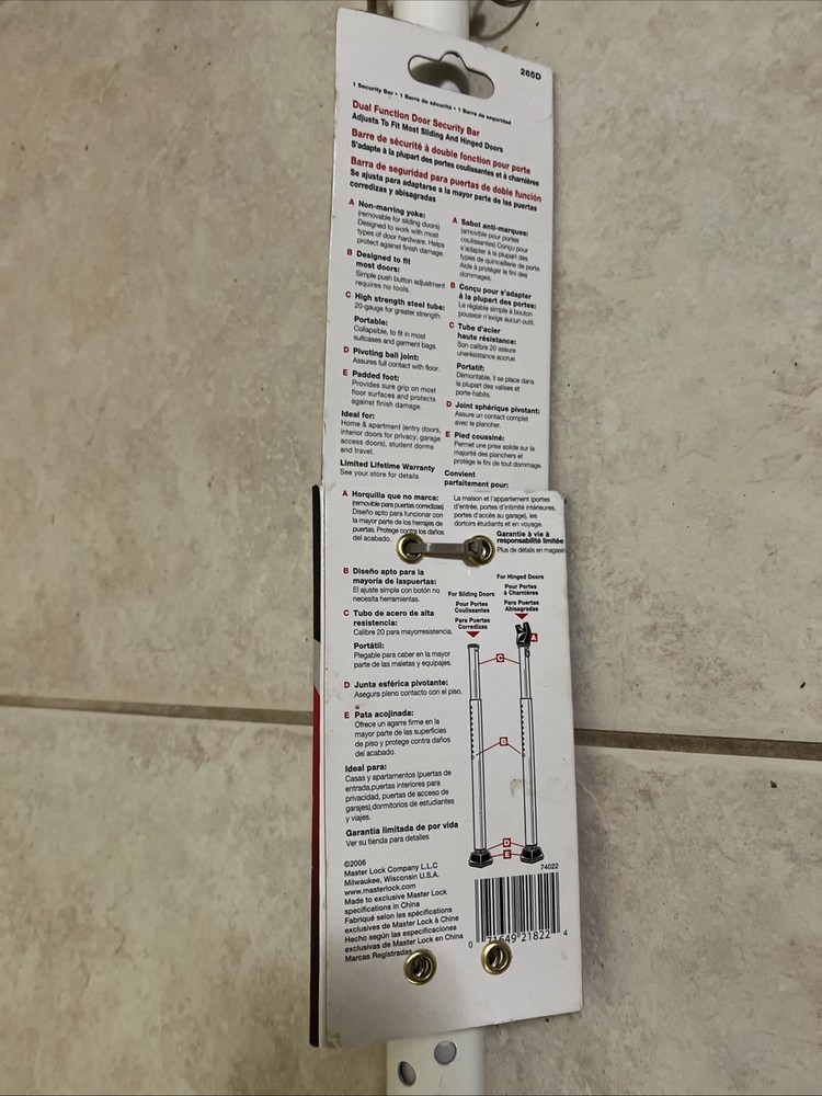 265D Master Lock Adjustable Dual Function Door Security Bar Sliding or Hinged