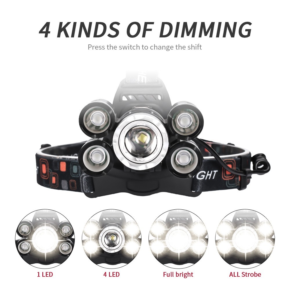 LED Headlamp 5 Head Headlight Flashlight Torch Light